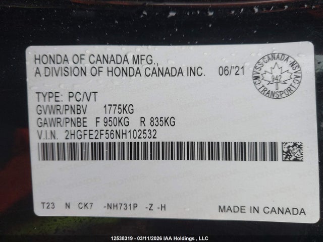 Продаж на аукціоні авто 2022 Honda Civic Sport, vin: 2HGFE2F56NH102532, номер лоту: 12538319