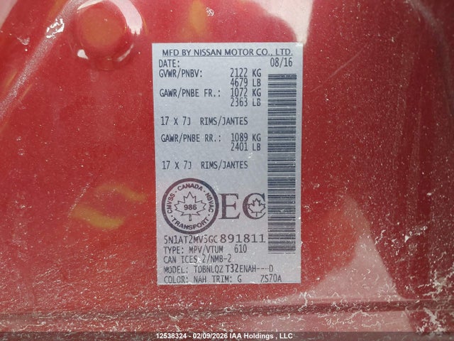 5N1AT2MV5GC891811 Nissan Rogue S/sl/sv