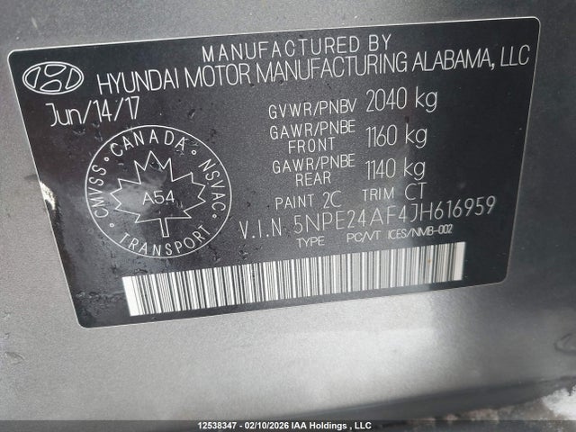 5NPE24AF4JH616959 Hyundai SONATA SE