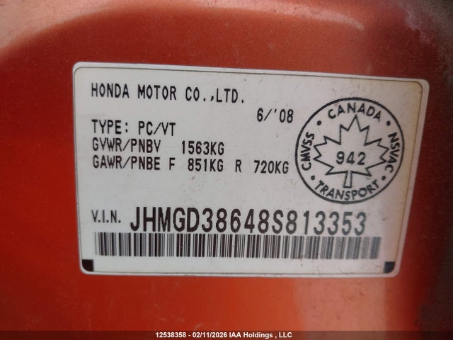 2008 Honda Fit Sport მანქანა იყიდება აუქციონზე, vin: JHMGD38648S813353, აუქციონის ნომერი: 12538358