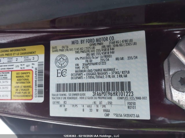 12538363 :رقم المزاد ، 3FA6P0T96HR101223 vin ، 2017 Ford Fusion Se مزاد بيع