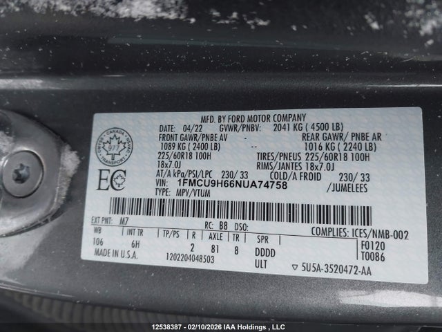1FMCU9H66NUA74758 Ford ESCAPE SEL
