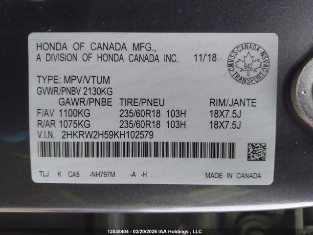 Продажа на аукционе авто 2019 Honda Cr-v Ex, vin: 2HKRW2H59KH102579, номер лота: 12538404
