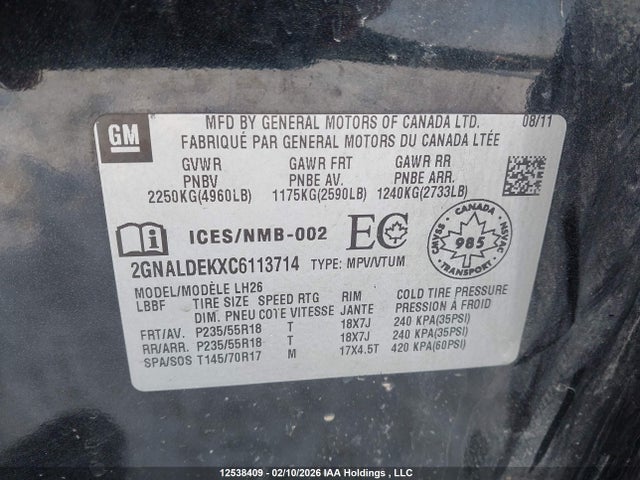 Продаж на аукціоні авто 2012 Chevrolet Equinox Lt, vin: 2GNALDEKXC6113714, номер лоту: 12538409