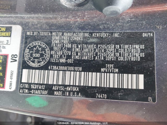 Aukcja sprzedaży 2014 Toyota Venza, vin: 4T3BA3BB8EU061038, numer aukcji: 12538426