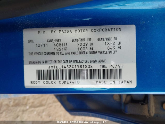 Aukcja sprzedaży 2012 Mazda 3 S, vin: JM1BL1W52C1581802, numer aukcji: 12538428