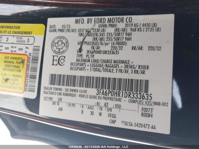 2013 Ford Fusion Se მანქანა იყიდება აუქციონზე, vin: 3FA6P0HR1DR333635, აუქციონის ნომერი: 12538436