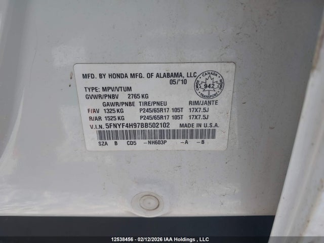 12538456 :رقم المزاد ، 5FNYF4H97BB502102 vin ، 2011 Honda Pilot Touring مزاد بيع