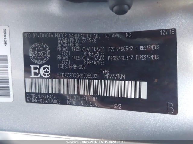 12538516 :رقم المزاد ، 5TDZZ3DC2KS995982 vin ، 2019 Toyota Sienna مزاد بيع