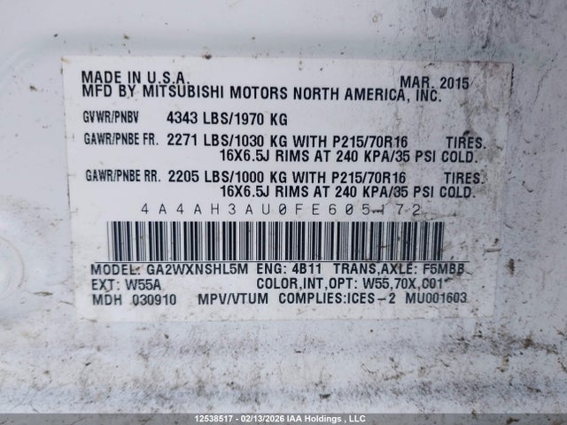 Продаж на аукціоні авто 2015 Mitsubishi Rvr, vin: 4A4AH3AU0FE605172, номер лоту: 12538517