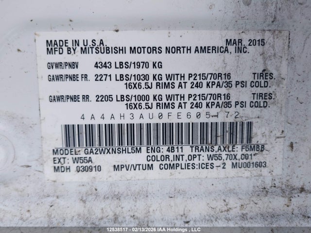 Продаж на аукціоні авто 2015 Mitsubishi Rvr, vin: 4A4AH3AU0FE605172, номер лоту: 12538517