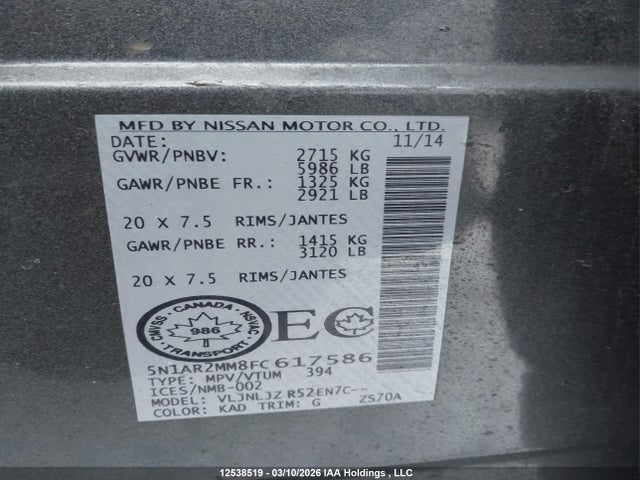 Продаж на аукціоні авто 2015 Nissan Pathfinder Platinum/s/sl/sv, vin: 5N1AR2MM8FC617586, номер лоту: 12538519