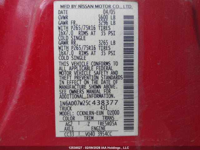 12538527 :رقم المزاد ، 1N6AD07W25C438377 vin ، 2005 Nissan Frontier Nismo Off Road مزاد بيع