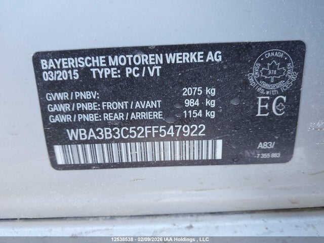 Продажа на аукционе авто 2015 Bmw 3 Series, vin: WBA3B3C52FF547922, номер лота: 12538538