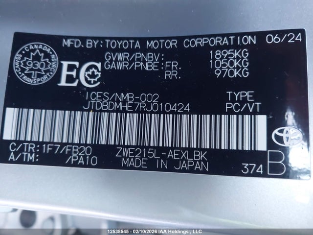 JTDBDMHE7RJ010424 Toyota Corolla Hybrid Le