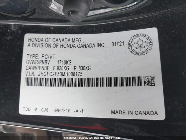 Aukcja sprzedaży 2021 Honda Civic Lx, vin: 2HGFC2F53MH008175, numer aukcji: 12538565