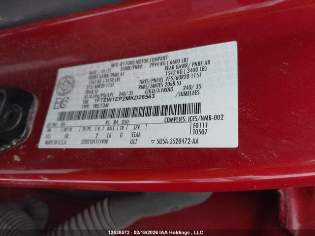 Aukcja sprzedaży 2021 Ford F-150, vin: 1FTEW1EP2MKD28563, numer aukcji: 12538572