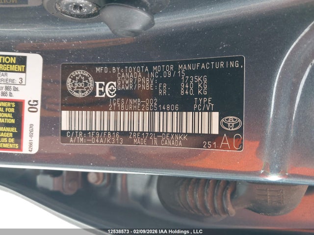 2T1BURHE2GC514806 Toyota Corolla L/le/le Pls/prm/s/s Pls