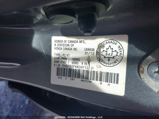 Aukcja sprzedaży 2012 Honda Civic Lx, vin: 2HGFB2F4XCH113451, numer aukcji: 12538584