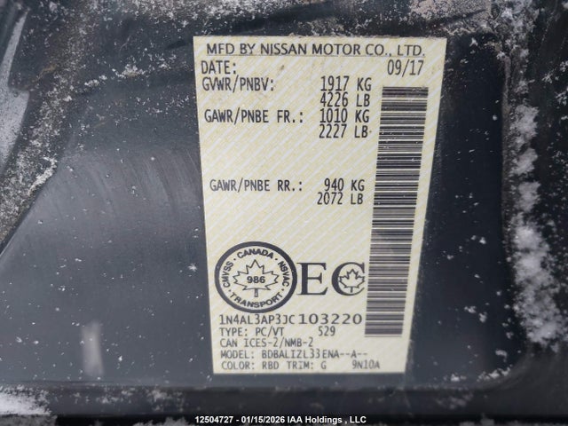 1N4AL3AP3JC103220 Nissan Altima 2.5 S/2.5 Sl Tech/2.5 Sv