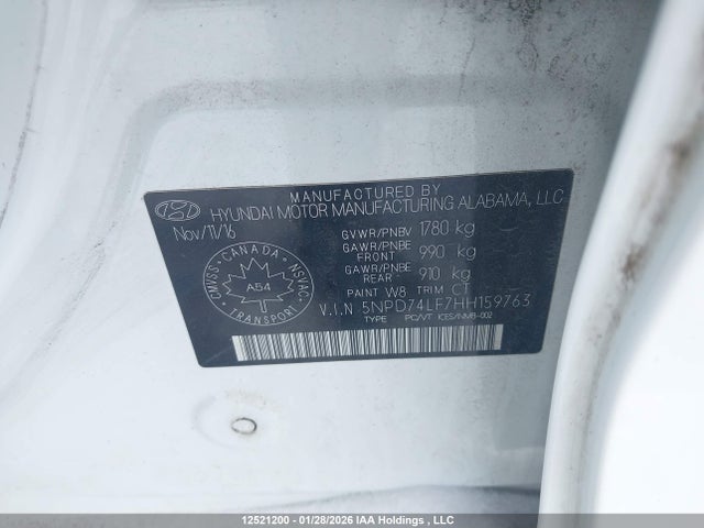 5NPD74LF7HH159763 Hyundai Elantra Le