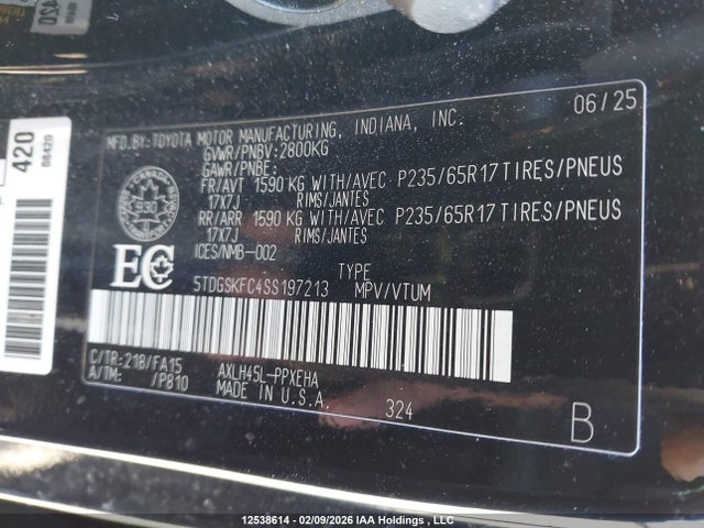 2025 Toyota Sienna Le 8-passenger მანქანა იყიდება აუქციონზე, vin: 5TDGSKFC4SS197213, აუქციონის ნომერი: 12538614