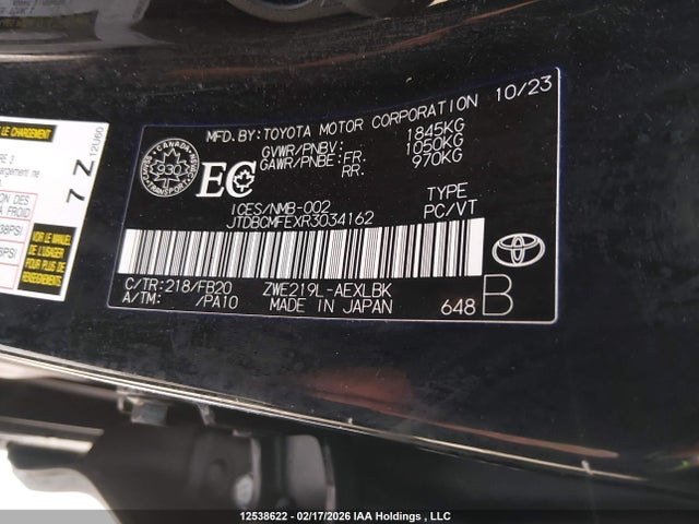 Aukcja sprzedaży 2024 Toyota Corolla Hybrid Le, vin: JTDBCMFEXR3034162, numer aukcji: 12538622