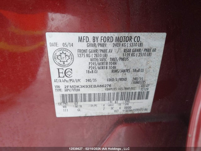 2014 Ford Edge Limited მანქანა იყიდება აუქციონზე, vin: 2FMDK3K93EBA66276, აუქციონის ნომერი: 12538627
