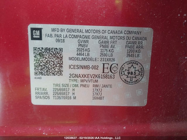 2GNAXKEV2K6158163 Chevrolet EQUINOX LT