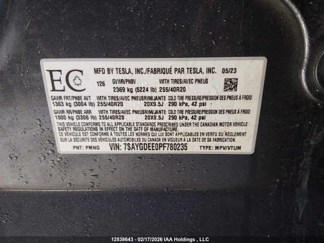 7SAYGDEE0PF780235 Tesla Model Y Long Range