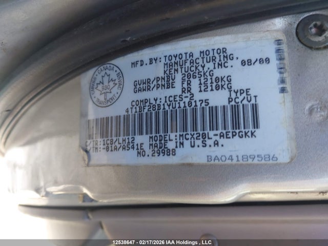 Продаж на аукціоні авто 2000 Toyota Avalon Xl/xls, vin: 4T1BF28B1YU110175, номер лоту: 12538647