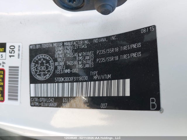 12538648 :رقم المزاد ، 5TDDK3DC6FS118030 vin ، 2015 Toyota Sienna Xle 7 Passenger مزاد بيع