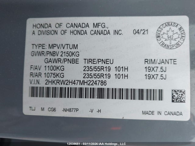 2HKRW2H47MH224786 Honda Cr-v Sport