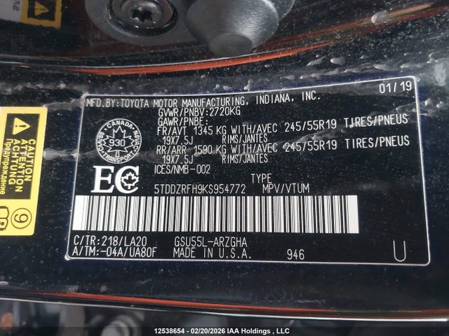 5TDDZRFH9KS954772 Toyota Highlander Limited