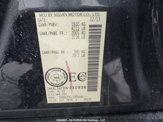 1N4AL3AP3EN331938 Nissan Altima 2.5/s/sv/sl