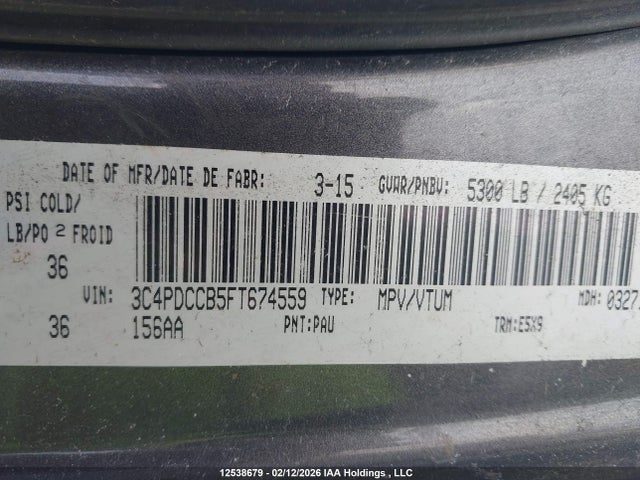 12538679 :رقم المزاد ، 3C4PDCCB5FT674559 vin ، 2015 Dodge Journey Sxt/limited مزاد بيع