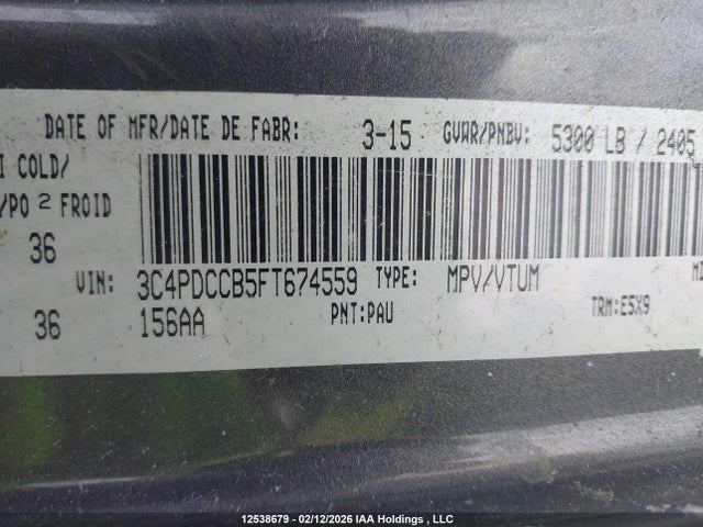 12538679 :رقم المزاد ، 3C4PDCCB5FT674559 vin ، 2015 Dodge Journey Sxt/limited مزاد بيع