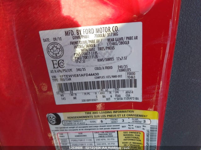 12538686 :رقم المزاد ، 1FTEW1E81AFD44430 vin ، 2010 Ford F150 Supercrew مزاد بيع