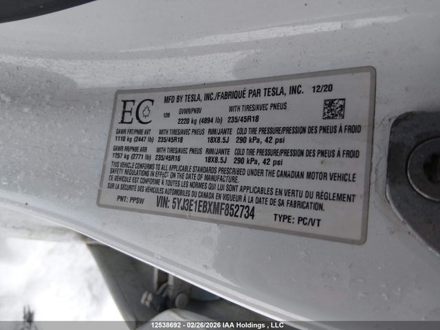 Aukcja sprzedaży 2021 Tesla Model 3 Long Range, vin: 5YJ3E1EBXMF852734, numer aukcji: 12538692