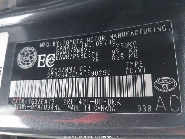 12538710 :رقم المزاد ، 2T1KU4EE5AC490290 vin ، 2010 Toyota Matrix Wagon مزاد بيع