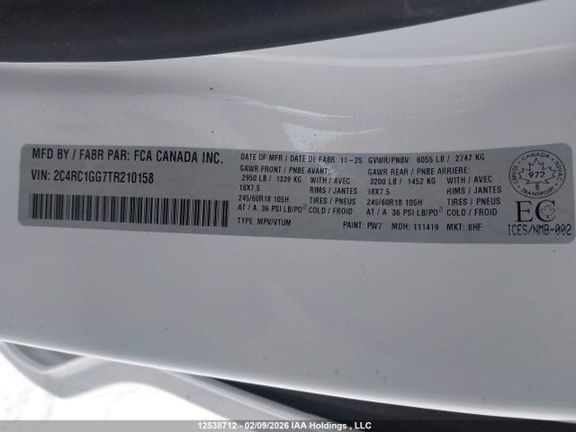 Продаж на аукціоні авто 2026 Chrysler Pacifica Limited, vin: 2C4RC1GG7TR210158, номер лоту: 12538712