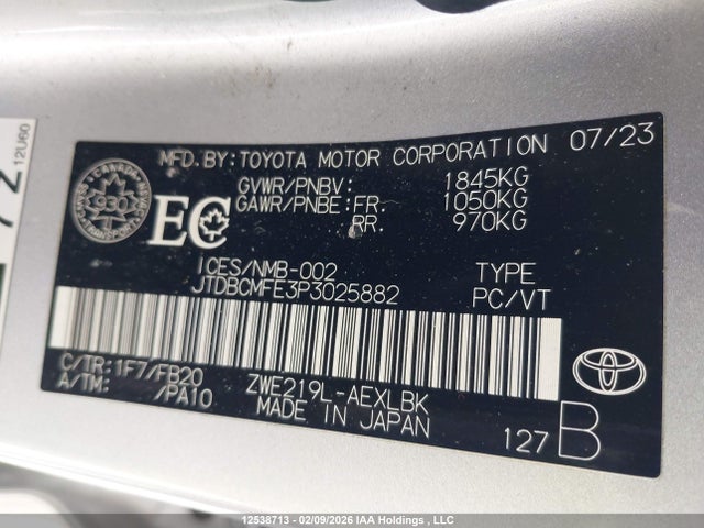 12538713 :رقم المزاد ، JTDBCMFE3P3025882 vin ، 2023 Toyota Corolla Le/se/xle مزاد بيع