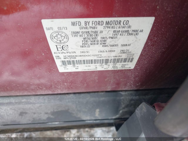 12538720 :رقم المزاد ، 1FM5K8D85DGC12271 vin ، 2013 Ford Explorer Xlt مزاد بيع