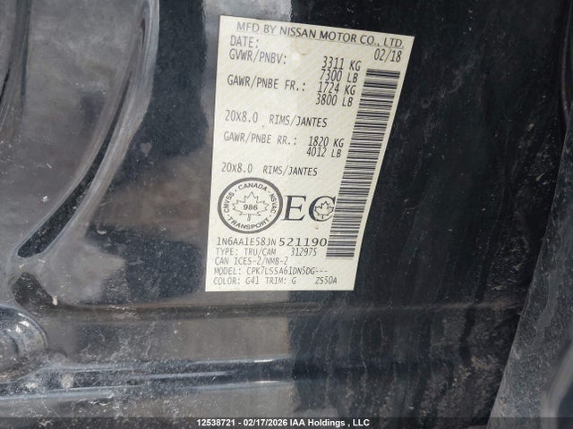 1N6AA1E58JN521190 Nissan Titan Platinum/pro-4x/s/sl Midnight Edition/sv/sv Midnight Edition