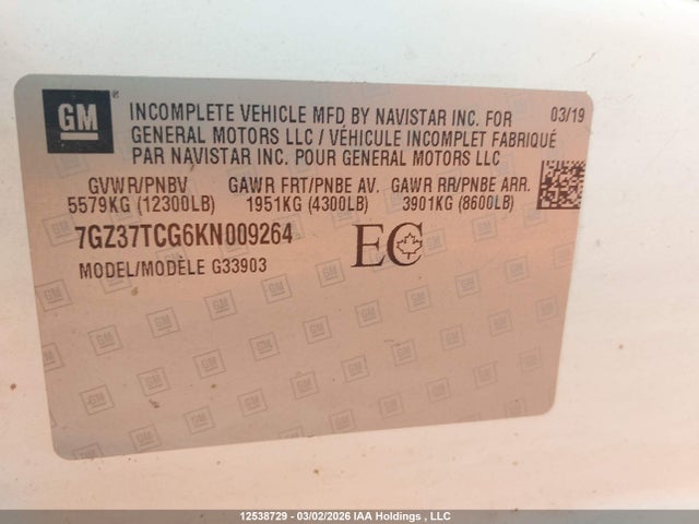 Aukcja sprzedaży 2019 Gmc Savana Cutaway Work Van, vin: 7GZ37TCG6KN009264, numer aukcji: 12538729