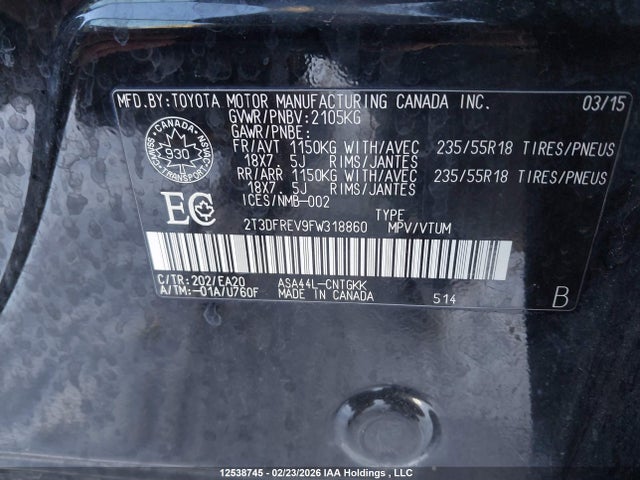 Toyota Rav4 Limited 2015 2T3DFREV9FW318860 Image 9