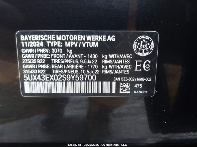 12538748 :رقم المزاد ، 5UX43EX02S9Y59700 vin ، 2025 Bmw X6 M60i Xdrive مزاد بيع