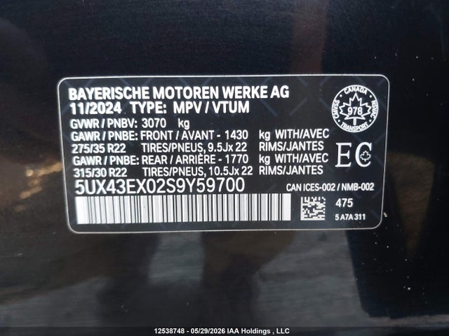 12538748 :رقم المزاد ، 5UX43EX02S9Y59700 vin ، 2025 Bmw X6 M60i Xdrive مزاد بيع