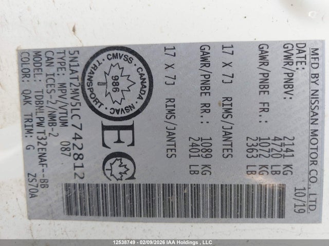 5N1AT2MV5LC742812 Nissan Rogue S/sl/sv