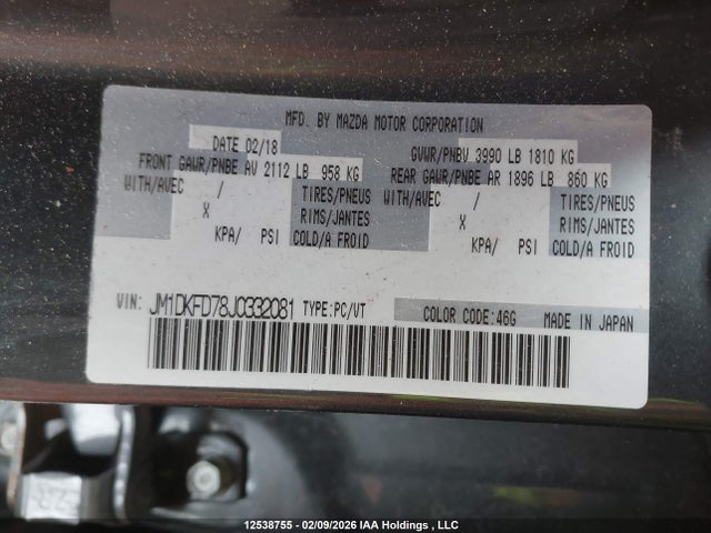 Aukcja sprzedaży 2018 Mazda Cx-3 Grand Touring, vin: JM1DKFD78J0332081, numer aukcji: 12538755